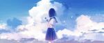 1girl amenomori_howa black_sailor_collar blue_skirt blue_sky bob_cut cloud clouds day flower highres holding holding_flower looking_away original pleated_skirt sailor_collar scenery school_uniform serafuku shirt short_hair short_sleeves skirt sky solo standing white_flower white_shirt wide_shot