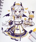  1girl :3 :d absurdres anny_(yoai) bandaid bandaid_on_horn bat_(animal) bat_cutout bat_earrings bat_wings black_bow black_bowtie black_eyes black_gloves blush bow bow_choker bowtie cake candy candy_corn candy_hair_ornament candy_wrapper chain cleavage_cutout clothing_cutout commentary crossed_bandaids detached_sleeves double_bun dress earrings english_commentary fingerless_gloves food food-themed_hair_ornament ghost gloves hair_bow hair_bun hair_ornament heart heart-shaped_pupils highres holding holding_tray horns ice_cream jewelry limited_palette lollipop long_hair marker_(medium) multiple_rings open_mouth original parfait partially_unzipped pocky pointy_ears ring simple_background smile solo symbol-shaped_pupils thigh_strap traditional_media tray very_long_hair white_background white_dress wings x_hair_ornament yellow_nails 