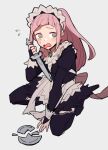  1girl apron black_dress black_thighhighs blush bridal_gauntlets broken_plate dagger do_m_kaeru dress felicia_(fire_emblem) fire_emblem fire_emblem_fates flying_sweatdrops frilled_dress frills green_eyes grey_background holding holding_dagger holding_weapon juliet_sleeves kneeling knife long_hair long_sleeves maid maid_headdress open_mouth pink_hair plate ponytail puffy_sleeves simple_background solo sweatdrop tearing_up thigh-highs waist_apron weapon white_apron 