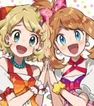  2girls :d bangs bare_shoulders bead_necklace beads blonde_hair blush bracelet brown_hair commentary_request earrings eyelashes green_eyes hands_up holding_hands jewelry may_(pokemon) multiple_girls necklace open_mouth pokemon pokemon_(anime) pokemon_journeys sasairebun serena_(pokemon) short_hair smile sparkle tongue upper_body wrist_cuffs 