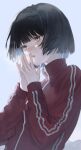 1girl bangs black_hair blunt_bangs bob_cut breath breathing_on_hands character_request cold copyright_request gradient gradient_background grey_eyes gym_uniform highres jacket medium_hair open_mouth own_hands_together red_jacket short_hair solo track_jacket yanagi_nagiko zipper