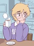  1girl 49s-aragon bad_id bad_tumblr_id bangs blonde_hair brown_eyes collared_shirt cup freckles glasses holding holding_cup long_sleeves original plate purple_shirt round_eyewear shirt short_hair sitting solo steam table upper_body 