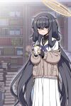 1girl absurdres bangs black_eyes black_hair blue_archive blurry bookshelf commentary_request cup depth_of_field hair_between_eyes hairband halo highres holding holding_cup jewelry long_hair long_skirt long_sleeves looking_at_viewer necklace pleated_skirt ribbed_sweater school_uniform serafuku side_ponytail sidelocks skirt solo sweater turtleneck ui_(blue_archive) zeroku77