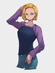 1girl android_18 black_shirt blonde_hair blue_eyes blue_pants closed_mouth denim dragon_ball dragon_ball_z earrings gradient gradient_background grey_background jeans jewelry kemachiku long_sleeves looking_at_viewer pants purple_shirt purple_sleeves shirt short_hair simple_background solo two-tone_shirt