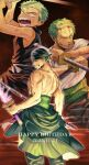  absurdres black_headwear blood blood_on_face dual_wielding fighting from_behind green_hair grin happy_birthday haramaki highres holding holding_sword holding_weapon male_focus minouchi multiple_swords multiple_views muscular muscular_male one_eye_closed one_piece open_mouth roronoa_zoro shirt short_hair sleeveless smile sweat sword topless_male weapon white_shirt yellow_eyes 