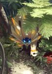  absurdres animal_focus blue_sclera colored_sclera commentary glowing glowing_eyes highres king_joe_(neoroto) leaf no_humans outdoors plant pokemon pokemon_(creature) solgaleo solo standing tree white_eyes 