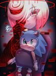  1girl cang_she character_doll closed_eyes closed_mouth dark_background expressionless glitch gloves halo holding red_eyes sage_(sonic) short_hair smile sonic_(series) sonic_frontiers sonic_the_hedgehog upper_body white_hair wide_sleeves 