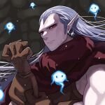  1boy adjusting_clothes adjusting_gloves akitaka_(s_asai) brown_gloves chrono_trigger cloak closed_mouth earrings gloves grey_hair hair_slicked_back highres jewelry long_hair magus_(chrono_trigger) male_focus muscular muscular_male pale_skin pointy_ears red_cloak red_eyes sideburns solo upper_body widow&#039;s_peak 