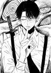  1boy bangs black_hair black_necktie chainsaw_man collared_shirt curtained_hair earrings extra_eyes fox_devil_(chainsaw_man) fox_shadow_puppet greyscale hayakawa_aki hayakawa_aki_(early_concept_design) highres jewelry lip_piercing looking_at_viewer mmmiaa monochrome necktie one_eye_closed piercing ringed_eyes scar scar_on_cheek scar_on_face sharp_teeth shirt short_hair simple_background solo_focus teeth weapon weapon_on_back white_background white_shirt 