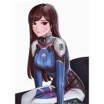  1girl asian blue_bodysuit bodysuit breasts brown_eyes brown_hair closed_mouth d.va_(overwatch) earrings facial_mark highres jewelry lips long_hair looking_at_viewer medium_breasts no_hair_ornament overwatch pink_lips saleppanu sitting solo straight_hair 