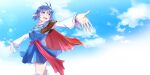 19670615t 1girl ahoge blue_eyes blue_hair blue_skirt cape clouds crescent crescent_hair_ornament hair_ornament highres open_mouth pointy_ears red_cape rena_lanford short_hair skirt smile solo star_ocean star_ocean_the_second_story thigh-highs 