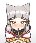  1girl alten animal_ears bangs blunt_bangs bodysuit cat_ears facial_mark flat_chest food food_in_mouth grey_hair highres holding holding_food holding_pocky incoming_pocky_kiss mouth_hold nia_(xenoblade) pocky pocky_day short_hair xenoblade_chronicles_(series) xenoblade_chronicles_2 yellow_bodysuit yellow_eyes 