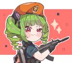  1girl animal_ears blush_stickers cat_ears commentary delutaya drill_hair english_commentary fake_animal_ears green_hair gun hair_ornament hairclip holding holding_weapon indie_virtual_youtuber kukie-nyan looking_at_viewer rabbit_ears rifle smirk smug solo triangle_hair_ornament twin_drills twintails valorant virtual_youtuber weapon 