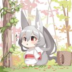  1girl :&lt; animal_ear_fluff animal_ears bangs barefoot basket blush chibi commentary_request day fox_ears fox_girl fox_tail grey_hair hair_between_eyes highres japanese_clothes kimono long_sleeves looking_away obi original outdoors parted_lips ponytail red_eyes sash solo standing tail tree triangle_mouth white_kimono wide_sleeves yuuji_(yukimimi) 