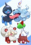  :d absurdres commentary_request deino_(pokemon) fangs fire flame greavard highres hisuian_growlithe no_humans open_mouth piloswine pokemon pokemon_(creature) ralts smile tonayon tongue tongue_out 