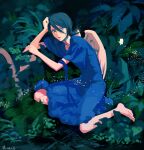  1girl absurdres bangs barefoot black_eyes black_hair bleach blue_dress dress forest full_body grass hair_between_eyes highres jou_(jo_jjo) kuchiki_rukia leaf looking_at_viewer nature open_mouth outdoors short_hair short_sleeves solo toes white_wings wings 