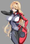  1girl absurdres bangs blonde_hair bodysuit breasts covered_navel era_(erasion) eyepatch grey_background hair_ornament hair_over_one_eye hairclip hand_gesture hand_on_hip highres long_hair looking_at_viewer medium_breasts nemesis_(tower_of_fantasy) skin_tight solo thighs tower_of_fantasy 