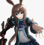  1girl amiya_(arknights) animal_ears arknights ascot black_jacket blue_ascot blue_eyes brown_hair greentale_(fegdgn) hair_between_eyes head_tilt highres holding holding_sword holding_weapon jacket jewelry long_hair long_sleeves looking_at_viewer open_mouth outstretched_arm outstretched_hand rabbit_ears rabbit_girl ring shirt simple_background solo sword teeth upper_body upper_teeth weapon white_background white_shirt 