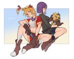  2girls back-to-back bandaged_leg bandages bangs bead_necklace beads black_shorts blonde_hair blue_eyes blunt_bangs blunt_ends bob_cut body_markings boots border breasts brown_footwear brown_gloves chrono_cross chrono_trigger crop_top cropped_jacket dagger facial_mark full_body glasses gloves gradient gradient_background grey_shirt hair_ribbon jacket jewelry kid_(chrono_cross) knife long_hair long_sleeves looking_at_another looking_at_viewer lucca_ashtear medium_breasts meiji_(pecosyr5) midriff miniskirt multi-tied_hair multiple_girls navel necklace purple_hair red_jacket red_ribbon red_skirt ribbon robo_(chrono_trigger) shirt short_sleeves shorts sitting skirt sleeves_rolled_up smile twitter_username weapon white_shirt 