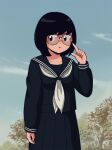  1girl 49s-aragon bangs black_hair black_sailor_collar black_shirt black_skirt blue_sky day freckles glasses hand_up index_finger_raised jimiko long_sleeves neckerchief original outdoors pleated_skirt sailor_collar shirt short_hair skirt sky solo tree upper_body white_neckerchief 