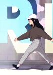  1girl 49s-aragon baseball_cap black_footwear black_hair brown_sweater from_side full_body glasses grey_pants hat long_hair long_sleeves open_mouth original pants profile shoes smile socks solo sweater walking white_headwear 