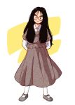  1girl 49s-aragon bangs black_hair brown_dress collared_shirt dress full_body glasses grey_footwear head_tilt long_hair looking_at_viewer original shirt smile solo standing white_shirt 