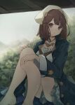  1girl amakujac atelier_(series) atelier_sophie atelier_sophie_2 breasts brown_eyes closed_mouth coat frills hair_ornament head_scarf highres jewelry long_sleeves looking_at_viewer medium_breasts necklace rain redhead short_hair sitting skirt solo sophie_neuenmuller wide_sleeves 
