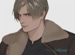  1boy artist_name bangs black_shirt brown_hair brown_jacket fur_collar grey_eyes jacket leon_s._kennedy looking_at_viewer lowres male_focus mature_male open_clothes open_jacket parted_bangs portrait resident_evil sardine_(kjr0313) shirt short_hair solo upper_body white_background 