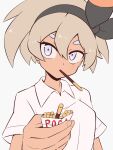  1girl alternate_costume bangs bea_(pokemon) black_hairband bow_hairband dark-skinned_female dark_skin food food_in_mouth gradient gradient_background grey_eyes grey_hair hair_between_eyes hairband highres kurachi_mizuki pokemon pokemon_(game) pokemon_swsh saitou_(pokemon) shirt short_hair short_sleeves simple_background solo white_background white_shirt 