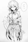  ... 1girl absurdres bow bowtie breasts buttons collared_shirt highres jacket kishin_sagume large_breasts long_sleeves looking_at_viewer monochrome open_mouth shirt simple_background single_wing skirt solo spoken_ellipsis standing sweatdrop touhou wings yonoisan 