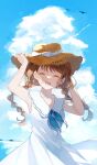  1girl :d ^_^ ascot bird blue_ascot blue_sky braid brown_hair closed_eyes clouds collarbone cowboy_shot day dress hat highres holding holding_clothes holding_hat ilis_0226 ocean open_mouth original sky smile solo standing sun_hat sunlight twin_braids white_dress 