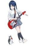  1girl bangs black_hair black_socks brown_eyes cat closed_mouth collared_shirt commentary_request full_body grey_skirt guitar instrument k-on! kneehighs long_hair looking_at_animal looking_at_another nakano_azusa pleated_skirt sakuragaoka_high_school_uniform saya_endo_(27) school_uniform shirt shoes sidelocks simple_background skirt sleeves_rolled_up sneakers socks twintails white_background white_footwear white_shirt 