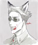  1boy animal_print blood blood_on_face collared_shirt goggles highres jujutsu_kaisen leopard_print looking_at_viewer male_focus nanami_kento necktie nekoyanaginekoko open_mouth portrait shirt short_hair solo tongue undercut 