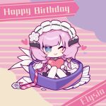  1girl ;) bangs black_dress blue_eyes blush_stickers box character_name chibi closed_mouth commentary dress elysia_(honkai_impact) english_commentary eta flower frilled_dress frills gloves happy_birthday heart heart-shaped_box holding honkai_(series) honkai_impact_3rd in_container long_hair looking_at_viewer minigirl one_eye_closed pantyhose petals pink_hair smile solo striped striped_background very_long_hair white_flower white_gloves white_pantyhose 