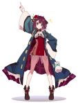  1girl arm_up atelier_(series) atelier_sophie atelier_sophie_2 bare_legs blush breasts brown_eyes coat dress flower frills hair_flower hair_ornament highres jewelry karasumi_(aiseec) long_sleeves looking_at_viewer medium_breasts necklace redhead short_hair simple_background smile solo sophie_neuenmuller sparkle white_background 