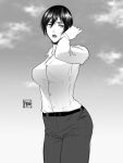  1girl artist_name belt black_belt black_hair breasts buttons collared_shirt cowboy_shot greyscale hair_between_eyes hand_in_own_hair highres large_breasts long_sleeves looking_at_viewer mikasa_ackerman monochrome outdoors pants parted_lips pruu_art shingeki_no_kyojin shirt short_hair signature solo standing white_shirt 