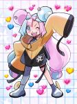 1girl aqua_hair character_hair_ornament elizabeth_(tomas21) emoji full_body hair_ornament hand_up heart highres iono_(pokemon) jacket looking_at_viewer multicolored_hair open_mouth oversized_clothes pink_eyes pink_hair pokemon pokemon_(game) pokemon_sv sharp_teeth smile solo standing star_(symbol) teeth twintails two-tone_hair v-shaped_eyebrows yellow_jacket