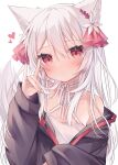  1girl animal_ears bare_shoulders black_jacket fox_ears fox_girl fox_shadow_puppet fox_tail halter_shirt halterneck highres jacket long_hair long_sleeves looking_at_viewer off_shoulder open_clothes open_jacket original red_eyes ringouulu shirt tail white_hair white_shirt 