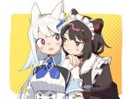  2girls animal_ear_fluff animal_ears apron aqua_hair armband bangs black_choker blush breasts choker closed_mouth d.y.x. eye_contact fang frilled_apron frills gradient_hair hair_ornament hand_on_another&#039;s_shoulder heterochromia inui_toko japanese_clothes lize_helesta long_hair looking_at_another maid_headdress medium_breasts multicolored_hair multiple_girls nijisanji parted_lips red_eyes simple_background upper_body violet_eyes virtual_youtuber wa_maid white_apron white_hair yellow_eyes yuri 