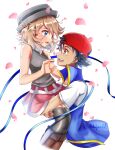  1boy 1girl ash_ketchum ashujou baseball_cap black_hair blonde_hair blue_eyes brown_eyes confetti earrings grey_headwear hat highres holding jacket jewelry looking_at_another open_mouth pleated_skirt pokemon red_skirt serena_(pokemon) shirt short_hair skirt smile thigh-highs white_background 