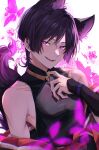  1boy absurdres animal_ears bishounen evil_smile fox_boy fox_ears fox_tail genshin_impact highres japanese_clothes looking_at_viewer male_focus purple_hair scaramouche_(genshin_impact) shima_usagi smile solo tail upper_body violet_eyes 