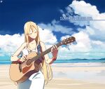  acoustic_guitar background_text bare_shoulders beach blonde_hair blue_sky bracelet circle_a closed_eyes closed_mouth clouds cloudy_sky commentary_request day dress english_commentary english_text guitar halterneck holding holding_instrument instrument jewelry landscape long_hair mountain mountainous_horizon music ocean original partial_commentary playing_instrument plectrum seascape sky sleeveless sleeveless_dress smile sundress very_long_hair white_dress 