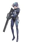  1girl armor bodysuit copyright_request english_commentary full_body gun helmet holding holding_gun holding_weapon ponytail rifle solo standing thigh_pouch urorong weapon white_background white_hair 
