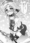  1girl akebono_(kancolle) akebono_(kancolle)_(cosplay) boots commentary_request cosplay dress flat_chest glasses gloves greyscale hat hirato_(kancolle) jacket kantai_collection kneeling looking_at_viewer monochrome racequeen short_hair solo starry_background strapless strapless_dress takana_shinno thigh_boots translation_request wavy_hair 