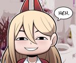  1girl anya&#039;s_heh_face_(meme) bangs bathroom blonde_hair chainsaw_man collared_shirt hair_between_eyes head_only highres horns jacket kermittend long_hair looking_at_viewer meme plant potted_plant power_(chainsaw_man) red_horns red_jacket shirt smile smug solo speech_bubble toilet white_shirt 