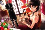  1boy 1girl archer breasts butler cleavage closed_eyes cup dress fate/stay_night fate_(series) flower gloves highres jewelry looking_at_viewer makeup saucer scan screening sitting sleeveless sleeveless_dress tea tohsaka_rin toosaka_rin translation_request white_gloves 