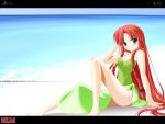  beach casual_one-piece_swimsuit highres hong_meiling ocean one-piece_swimsuit pose sarong side_b sitting solo swimsuit swimsuit touhou wallpaper 