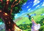  child cityscape dress green_eyes green_hair landscape namie-kun original scenery solo tree 