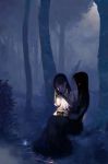  black_dress black_hair blue blue_background dress forest highres lantern long_hair multiple_girls nature night original tree 