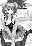  1girl bare_shoulders bed_sheet breasts cleavage highres large_breasts lips looking_at_viewer monochrome open_clothes open_jacket original sitting skirt solo thigh-highs wariza yui_toshiki 